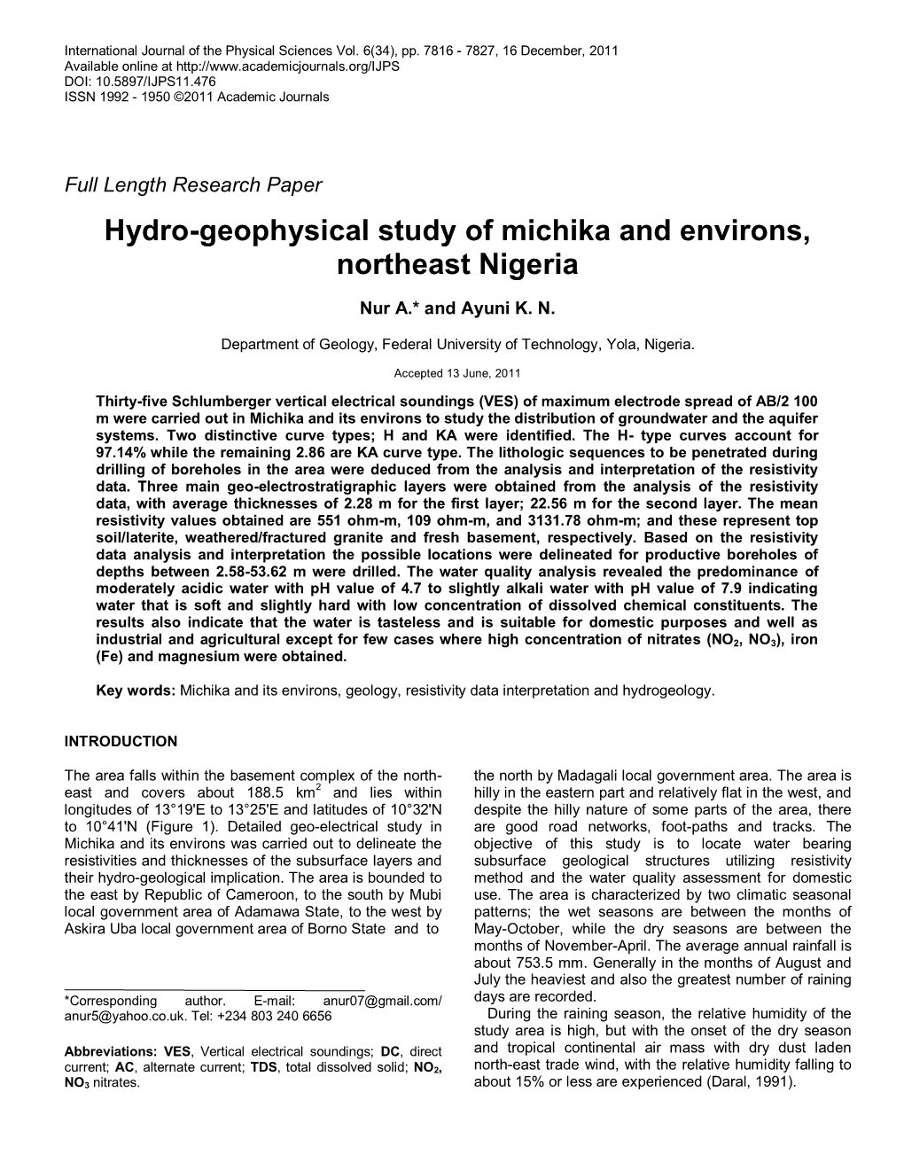 Hydro-Geophysical Study of Michika and Environs, Northeast Nigeria