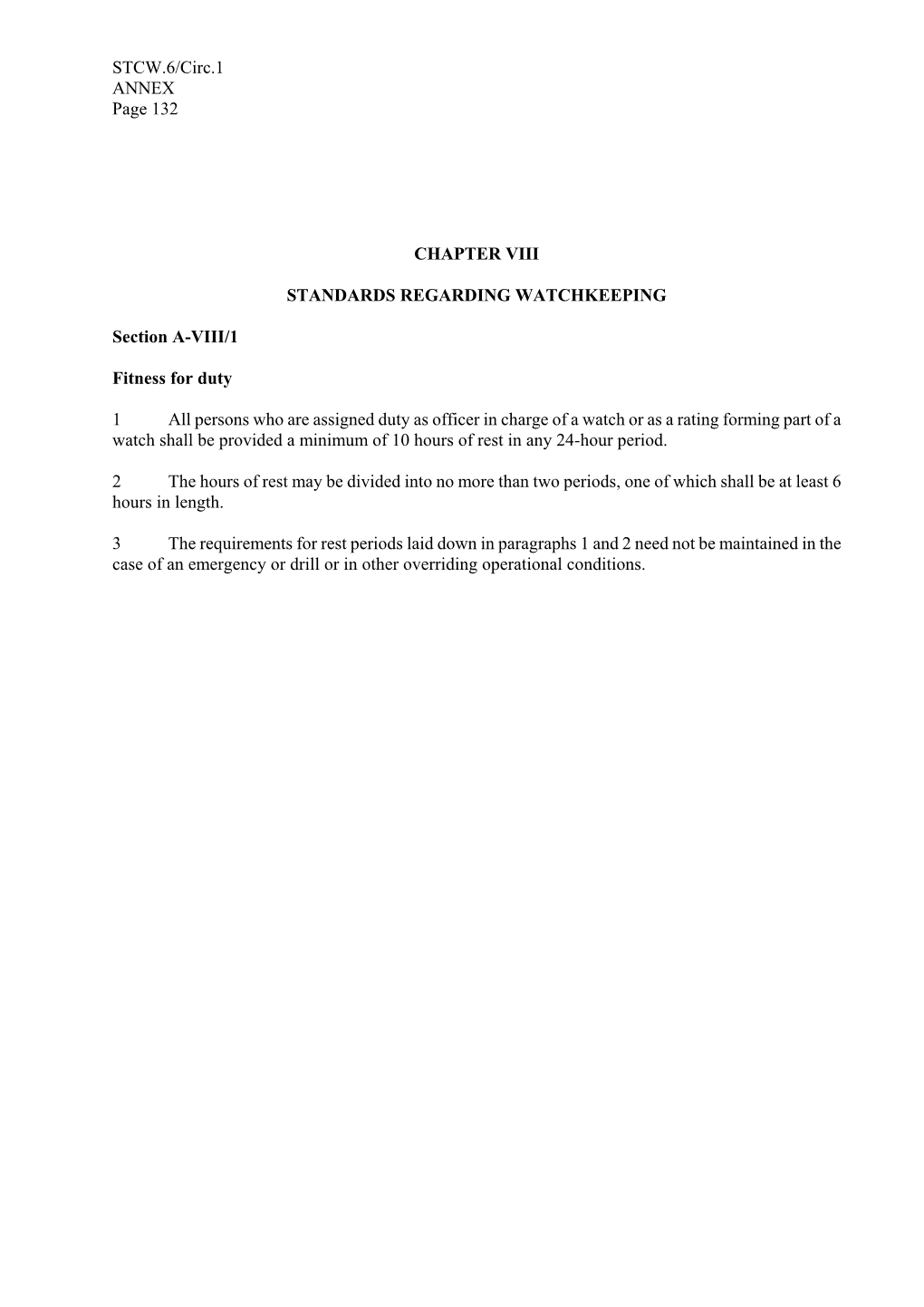 STCW.6/Circ.1 ANNEX Page 132 CHAPTER VIII STANDARDS REGARDING WATCHKEEPING Section A-VIII/1 Fitness for Duty 1 All Persons Who A