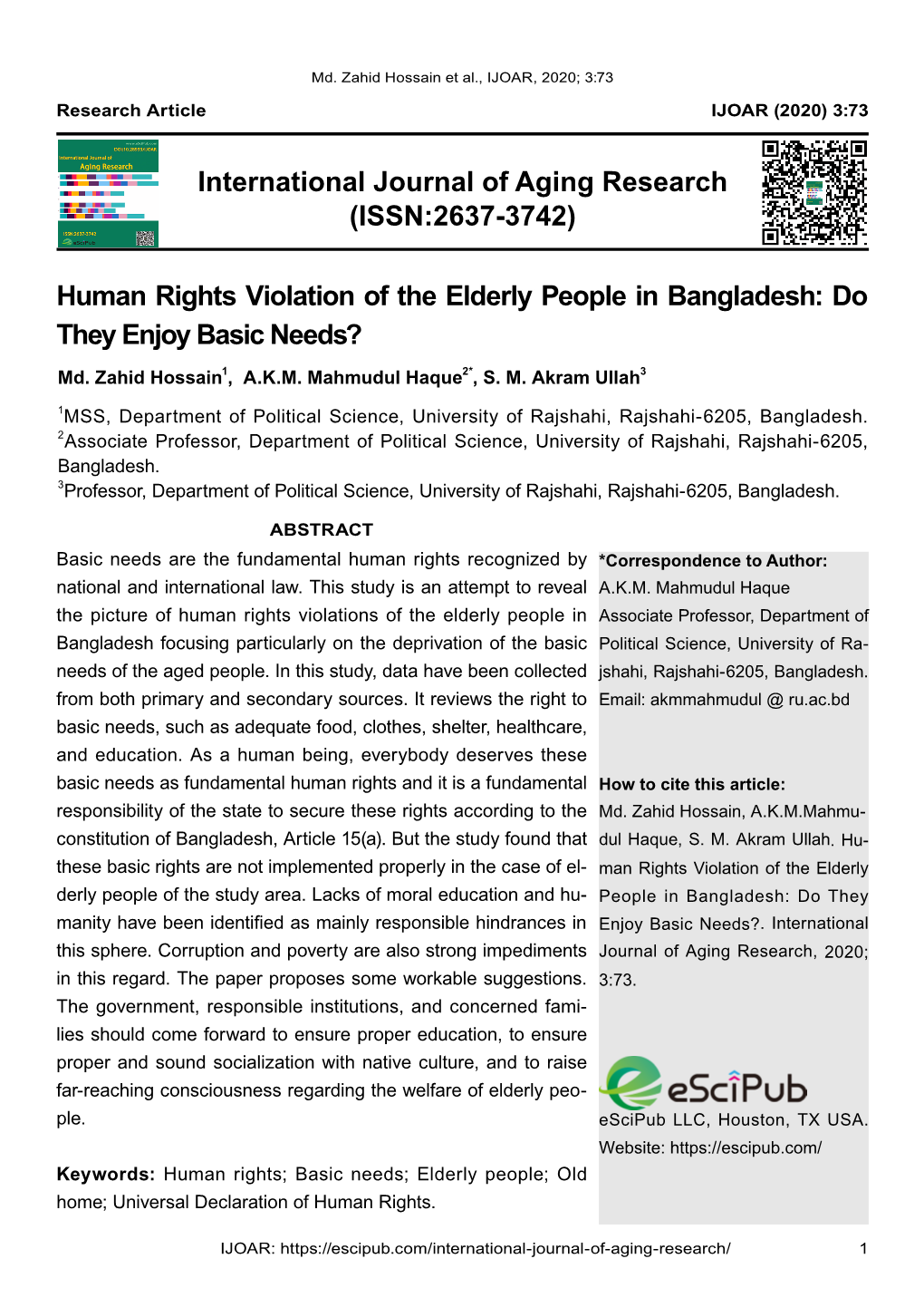 International Journal of Aging Research (ISSN:2637-3742) Human Rights Violation of the Elderly People in Bangladesh: Do They