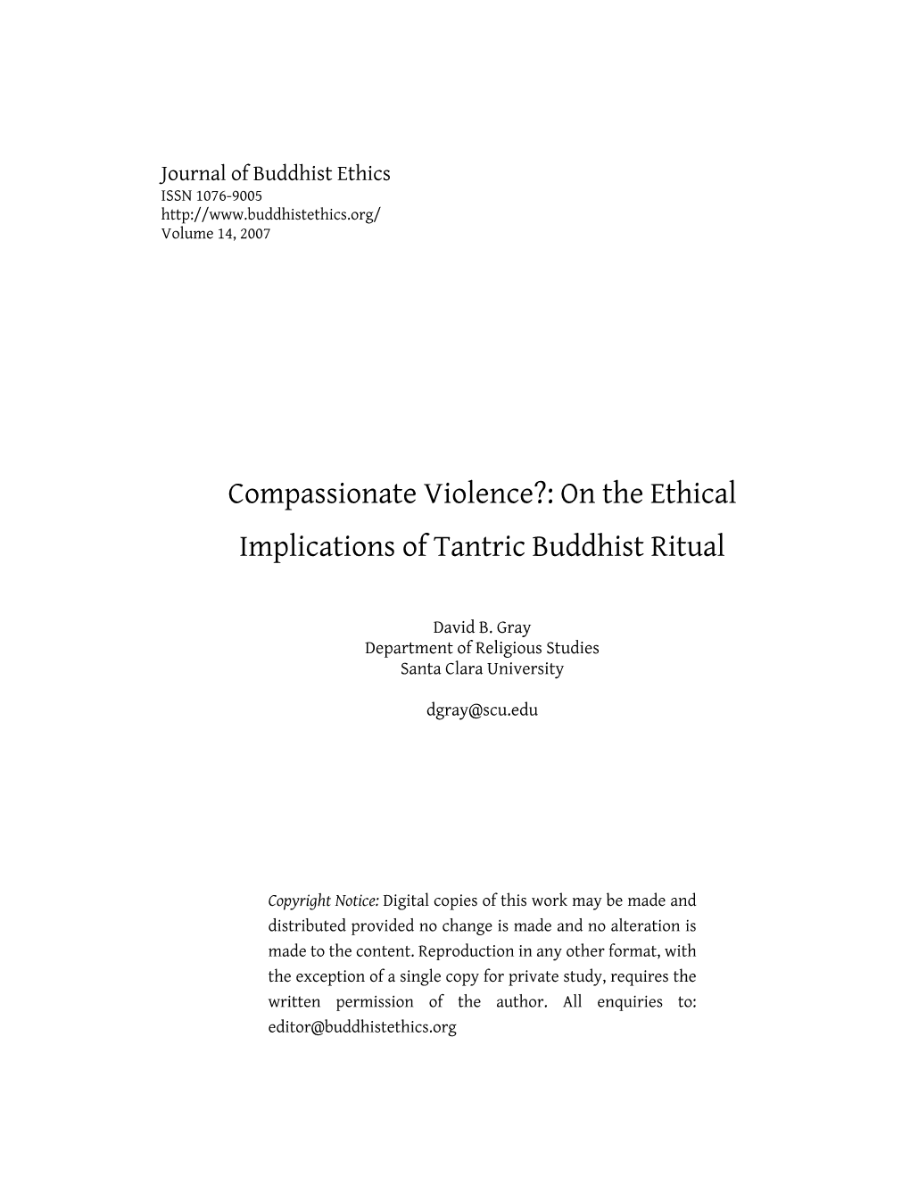 Compassionate Violence?: on the Ethical Implications of Tantric Buddhist Ritual