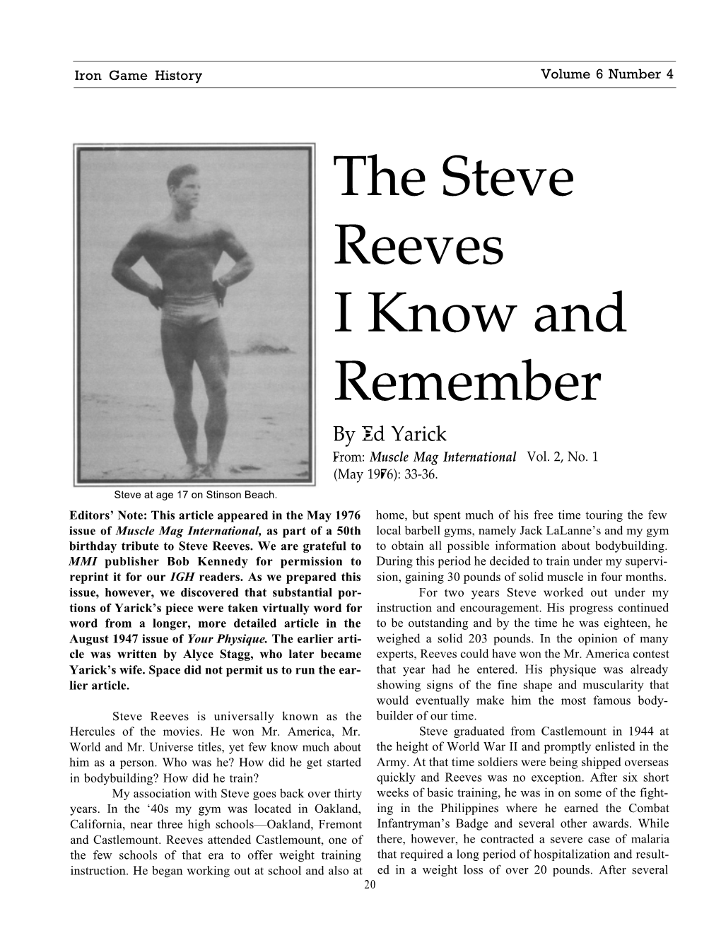 The Steve Reeves I Know and Remember by Ed Yarick From: Muscle Mag International Vol