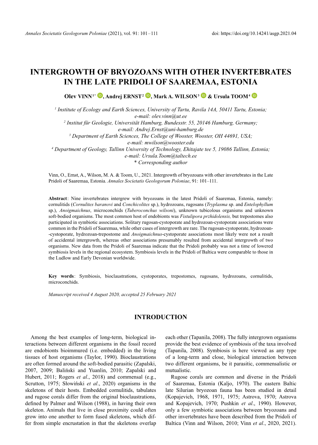 Intergrowth of Bryozoans with Other Invertebrates in the Late Pridoli of Saaremaa, Estonia