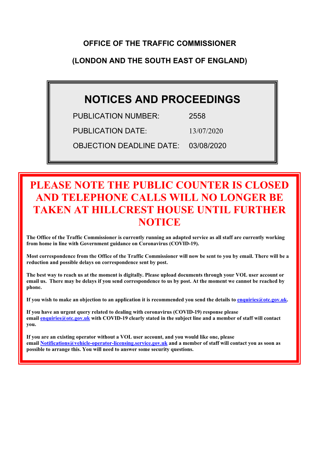 Notices and Proceedings for London and the South East of England