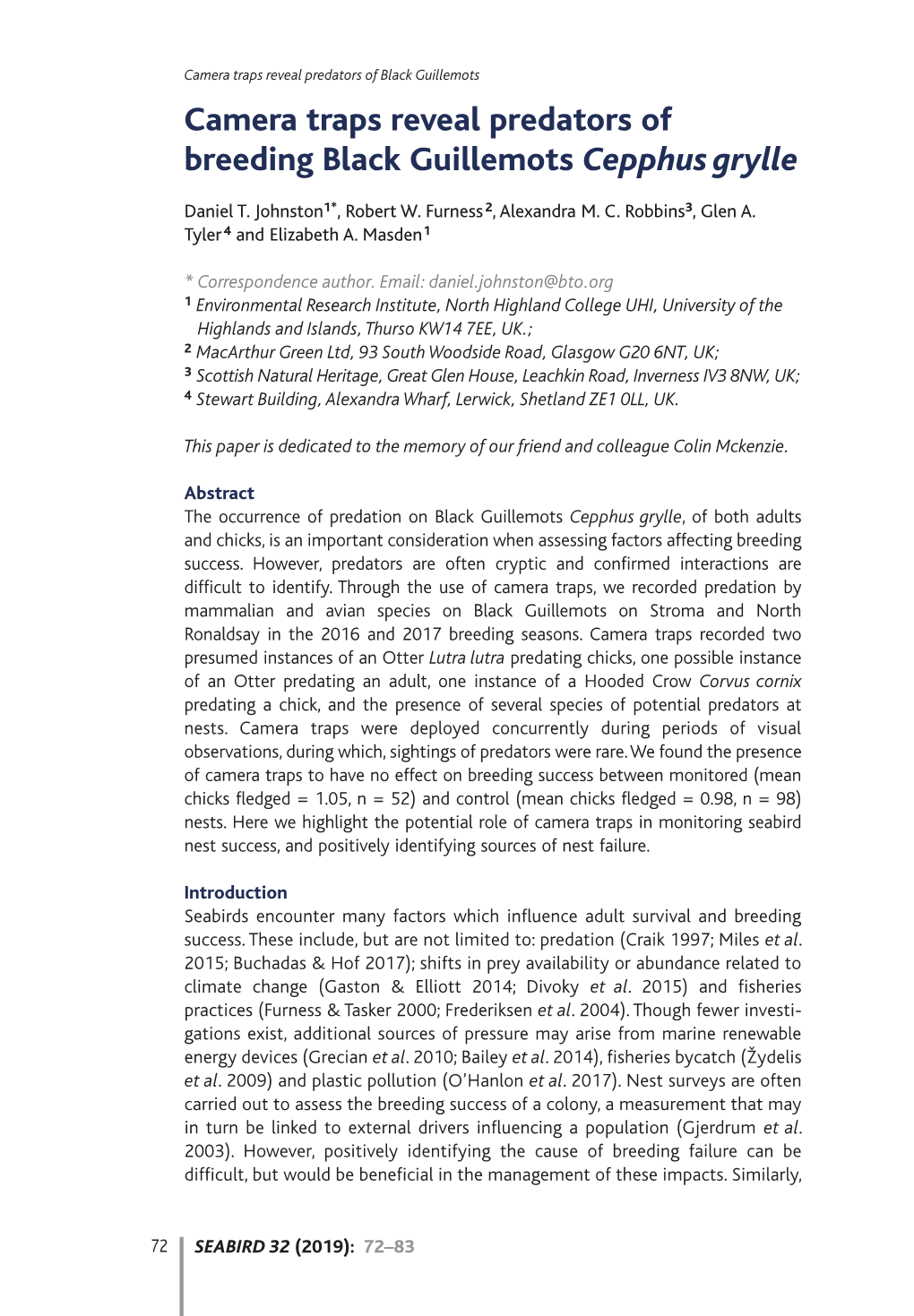 Camera Traps Reveal Predators of Breeding Black Guillemots Cepphus Grylle