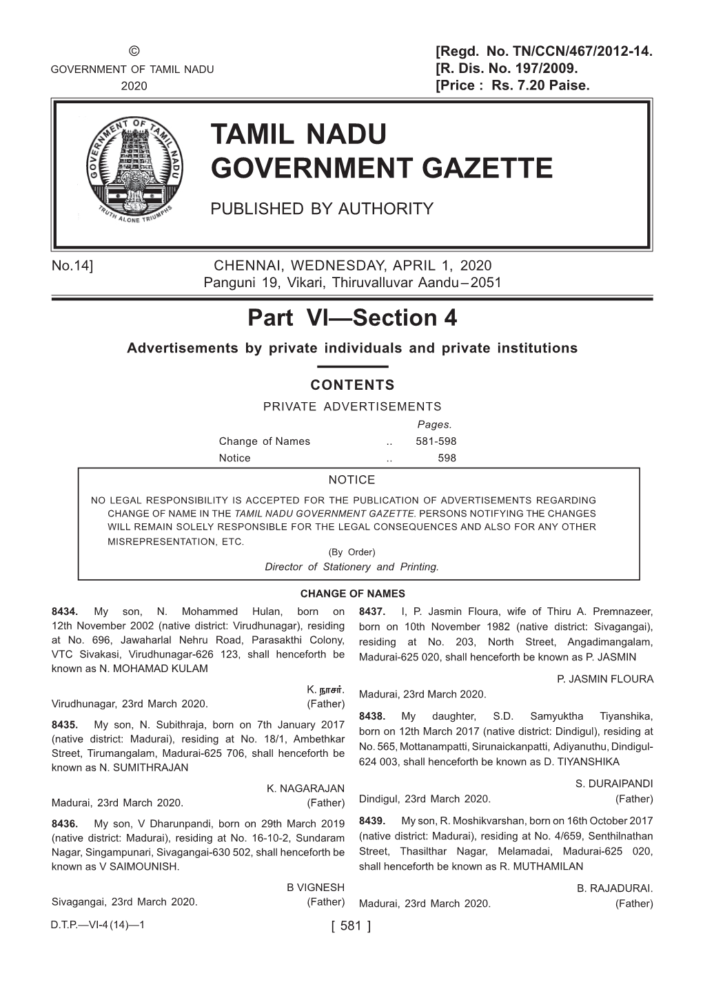 Tamil Nadu Government Gazette Published by Authority