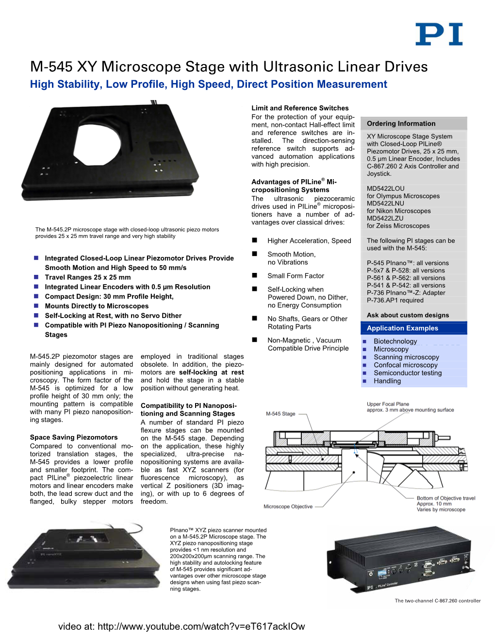 M-545 XY Microscope Stage with Ultrasonic Linear Drives High Stability, Low Profile, High Speed, Direct Position Measurement