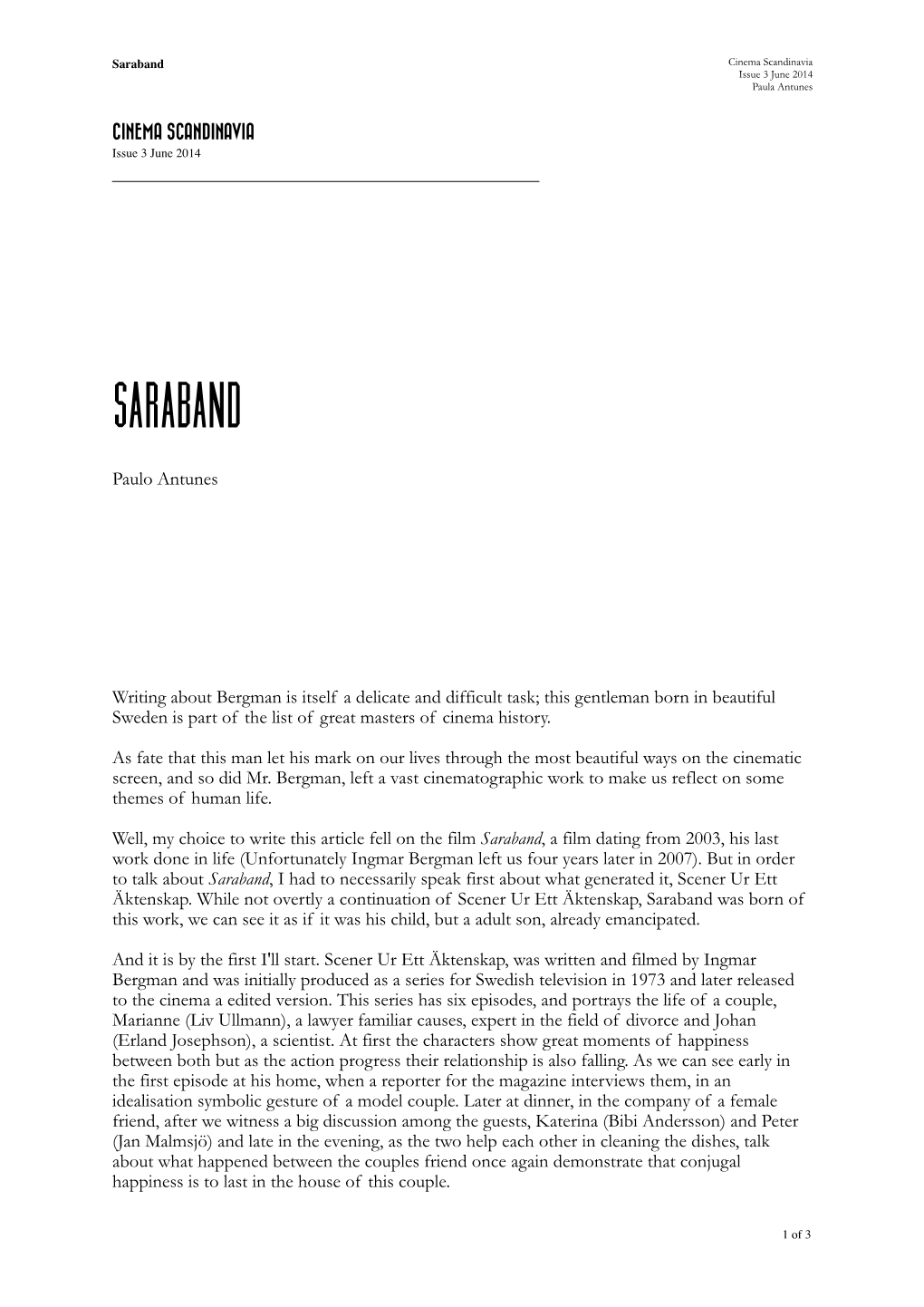 Saraband Cinema Scandinavia Issue 3 June 2014 Paula Antunes