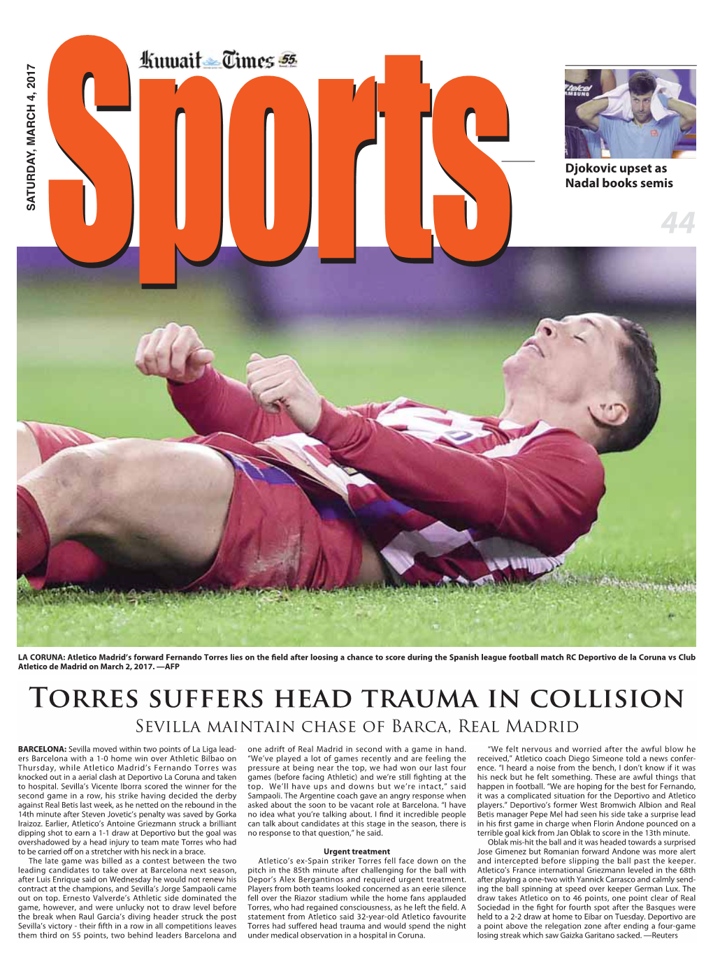 Torres Suffers Head Trauma in Collision Sevilla Maintain Chase of Barca, Real Madrid
