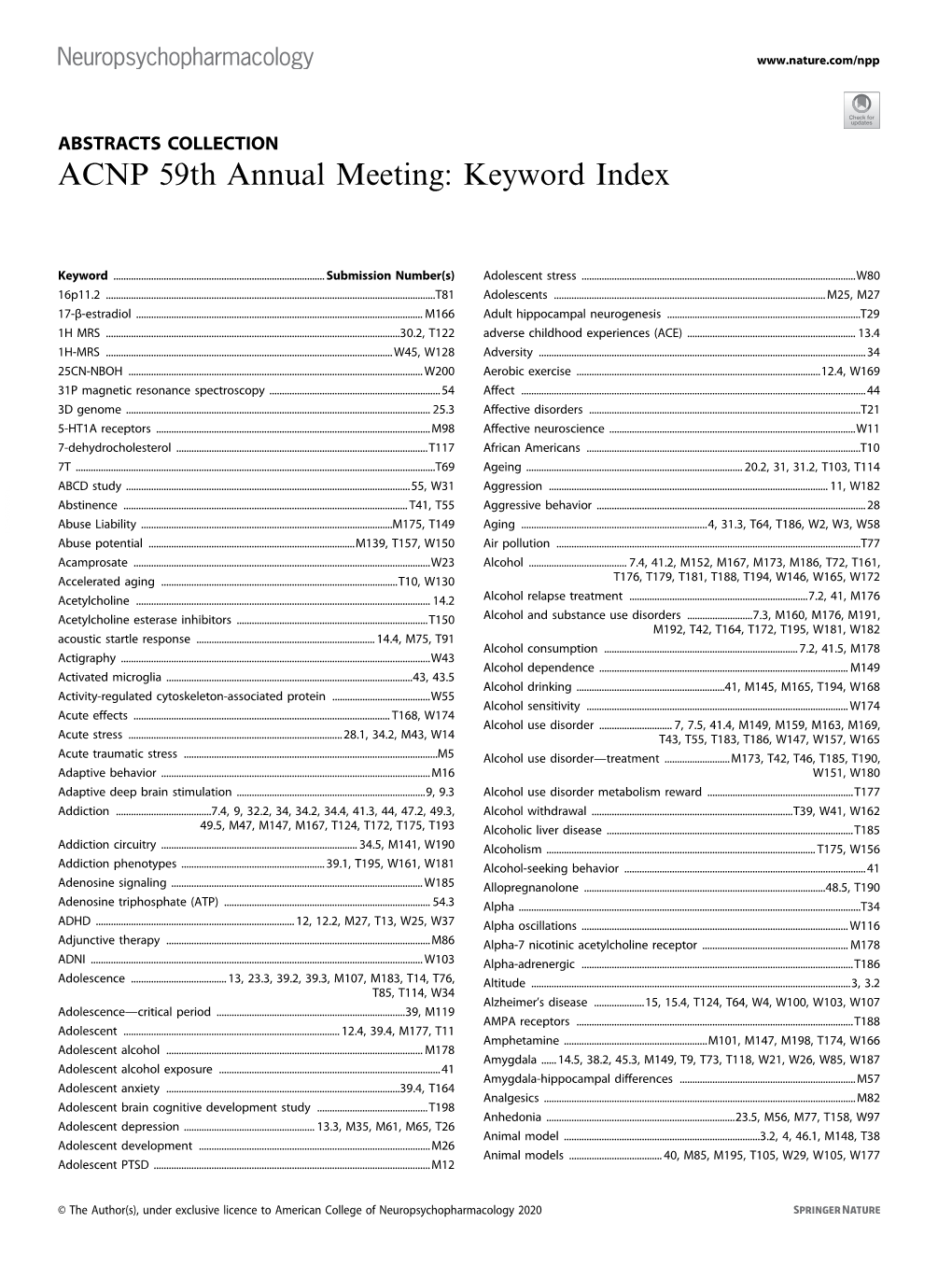 ACNP 59Th Annual Meeting: Keyword Index