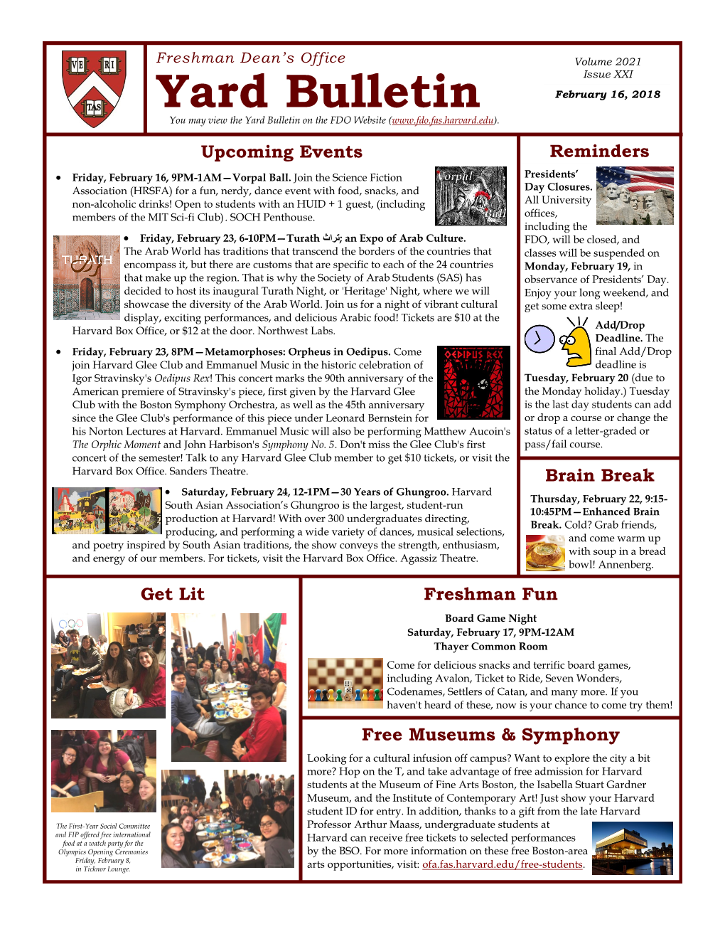 Yard Bulletin February 16, 2018 You May View the Yard Bulletin on the FDO Website (