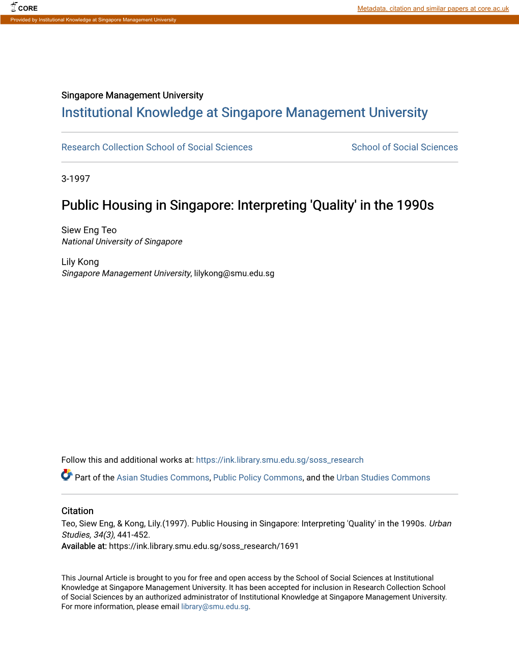 Public Housing in Singapore: Interpreting 'Quality' in the 1990S