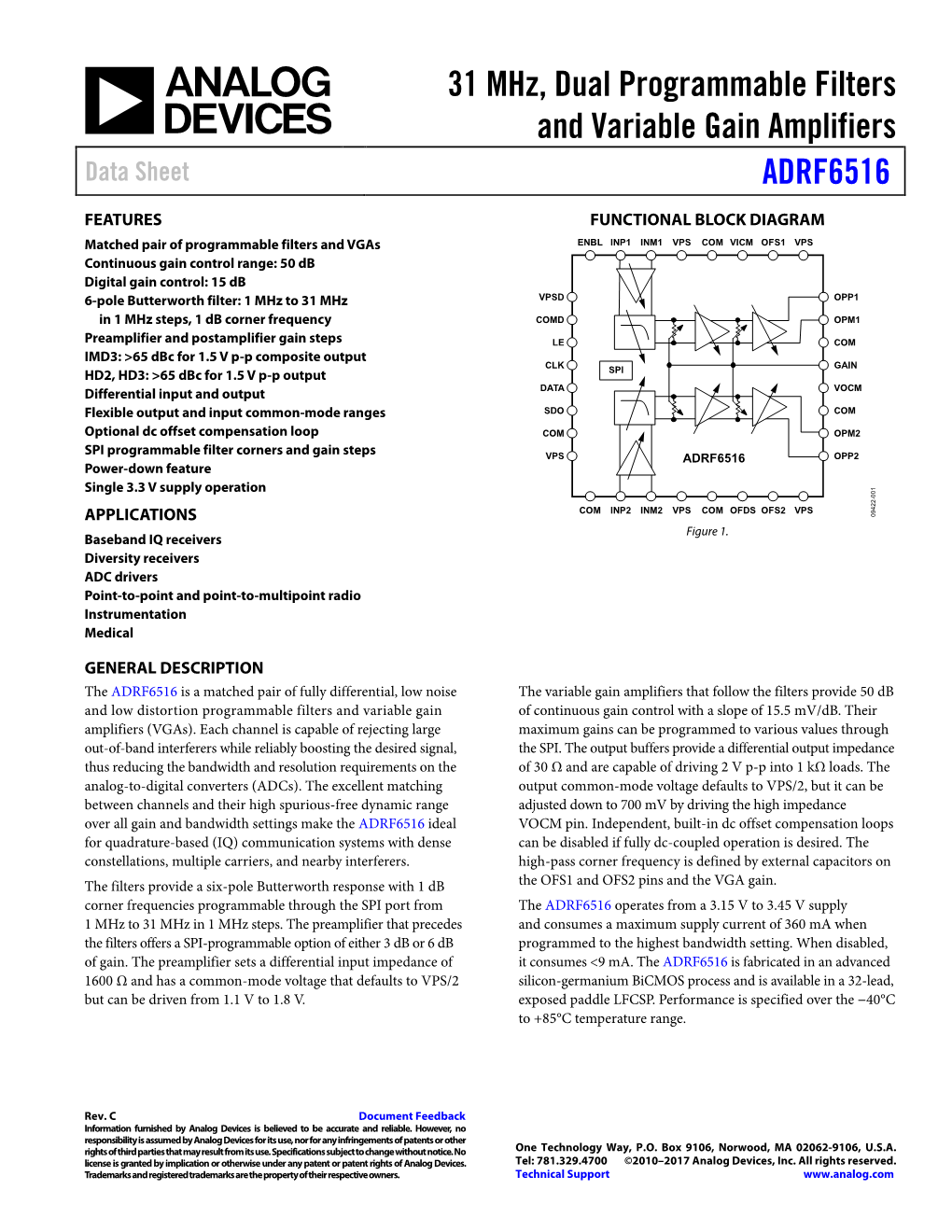 PDF 1.12 M ADRF6516: 31 Mhz, Dual Programmable Filters and Variable Gain Amplifiers Data Sheet