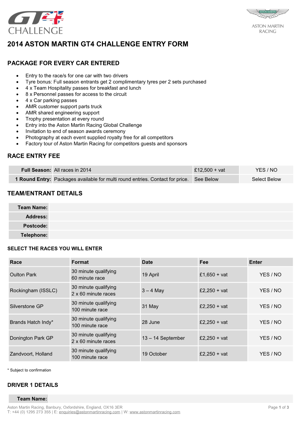 2014 Aston Martin GT4 Challenge Entry Form