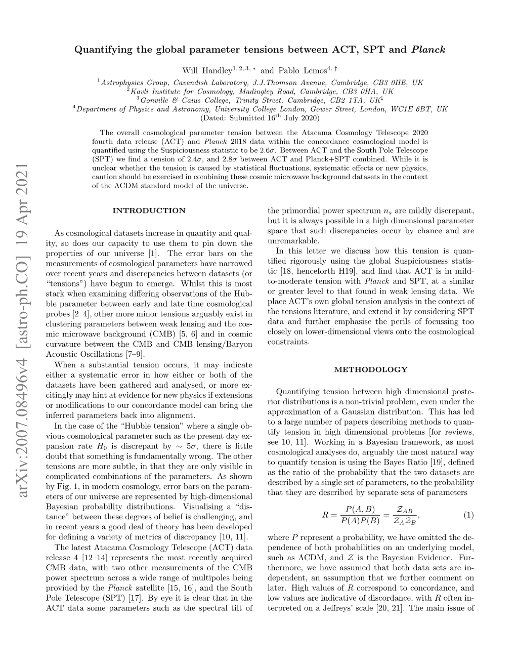 Arxiv:2007.08496V4 [Astro-Ph.CO] 19 Apr 2021 Eters of Our Universe Are Represented by High-Dimensional Bayesian Probability Distributions