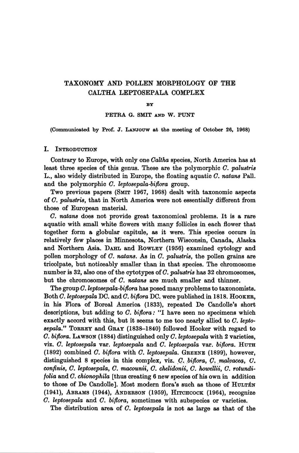 Taxonomy and Pollen Morphology of the Caltha Leptosepala Complex