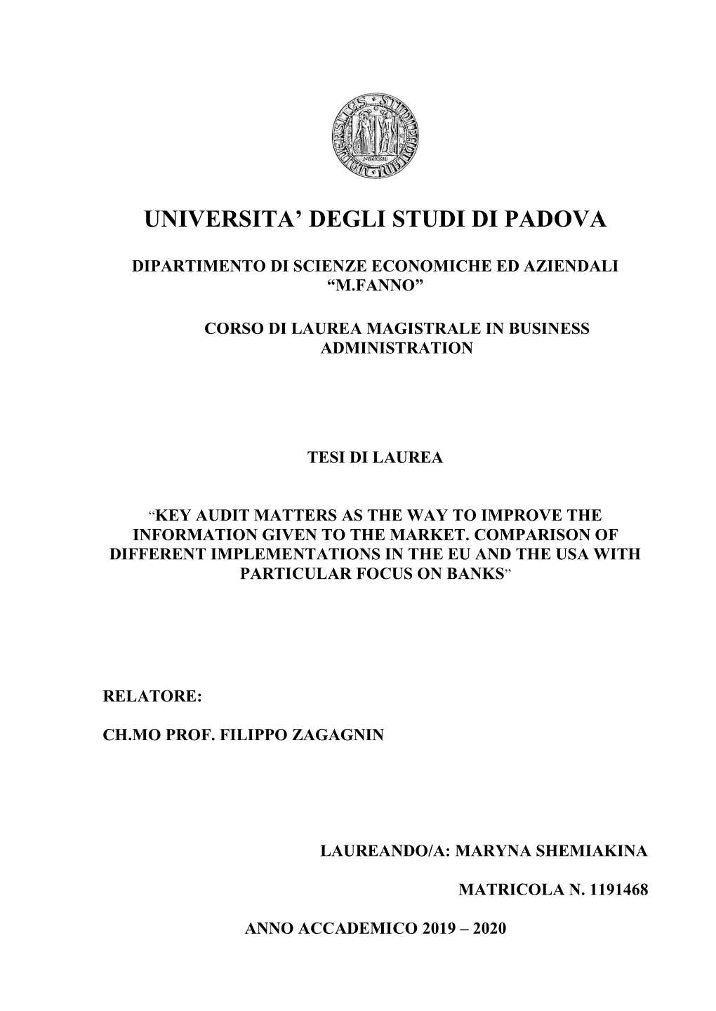 Universita' Degli Studi Di Padova