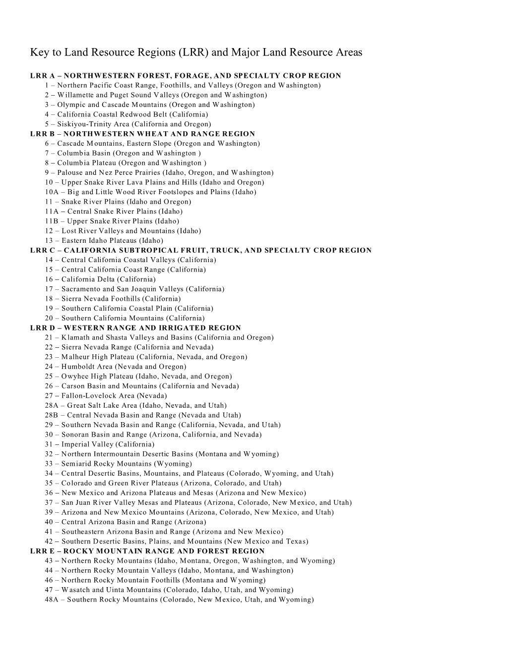 Key to Land Resource Regions (LRR) and Major Land Resource Areas