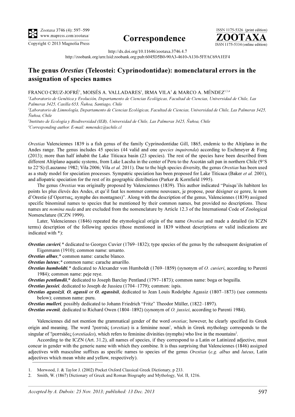 The Genus Orestias (Teleostei: Cyprinodontidae): Nomenclatural Errors in the Assignation of Species Names