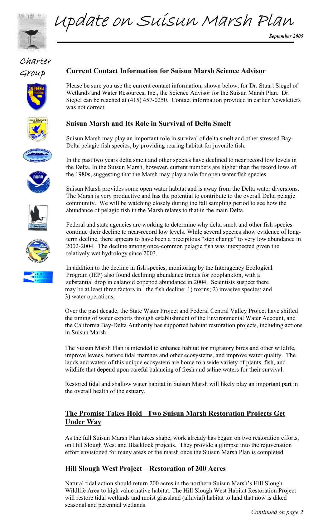 Update on Suisun Marsh Plan September 2005