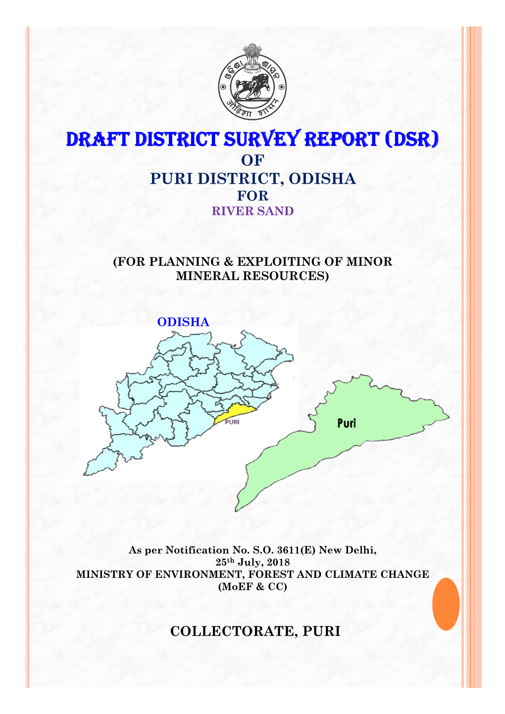 Draft District Survey Report (Dsr) of Puri District, Odisha for River Sand