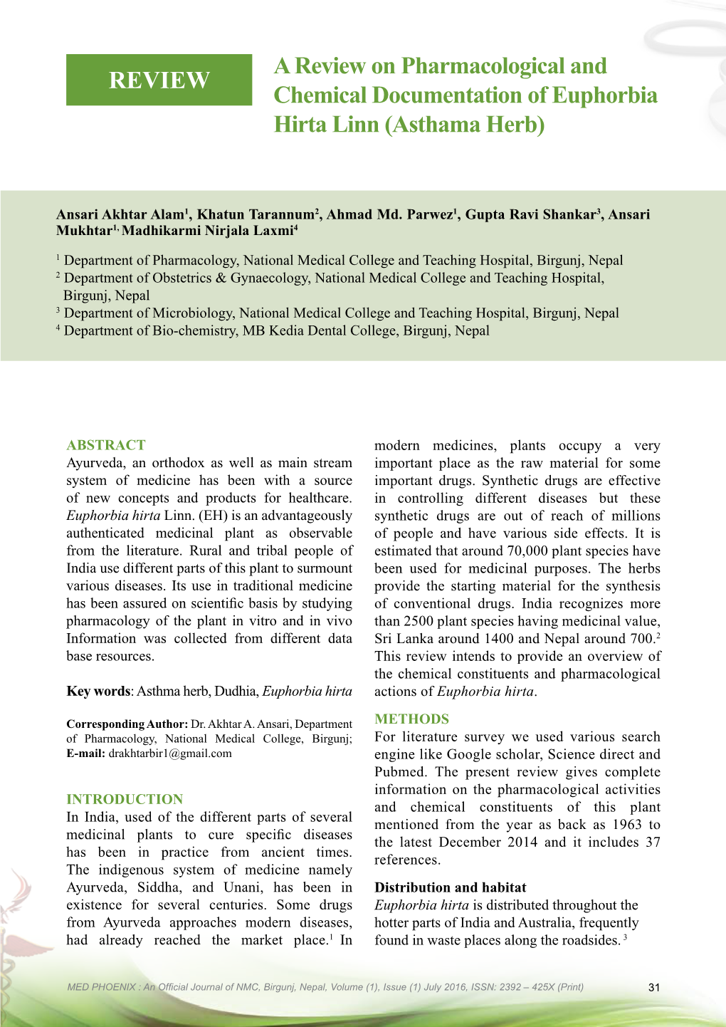 A Review on Pharmacological and Chemical Documentation of Euphorbia Hirta Linn