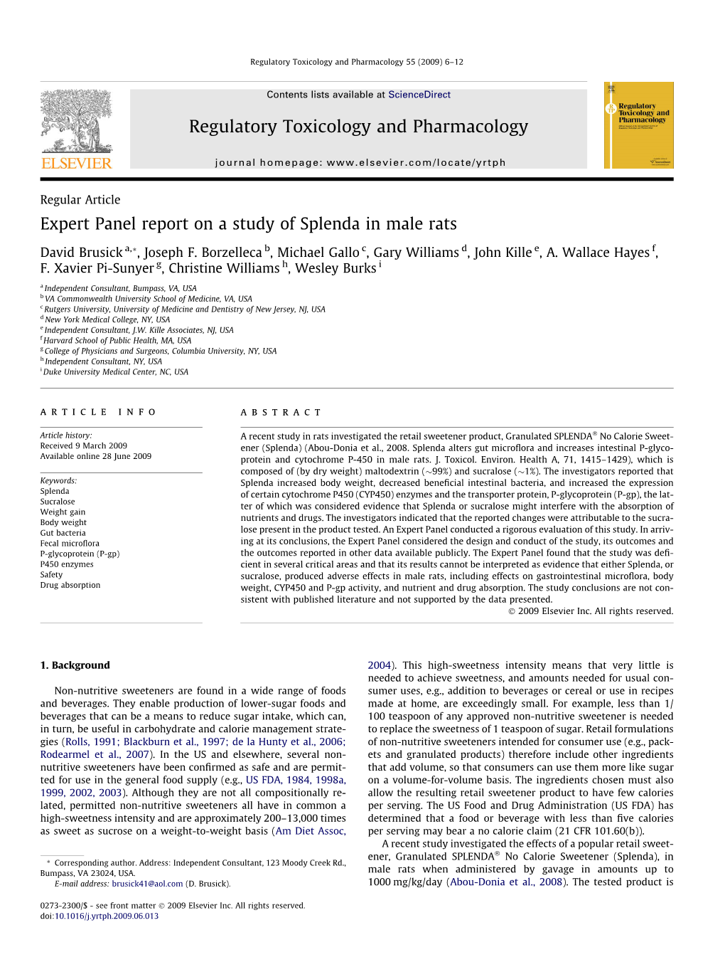 Expert Panel Report on a Study of Splenda in Male Rats