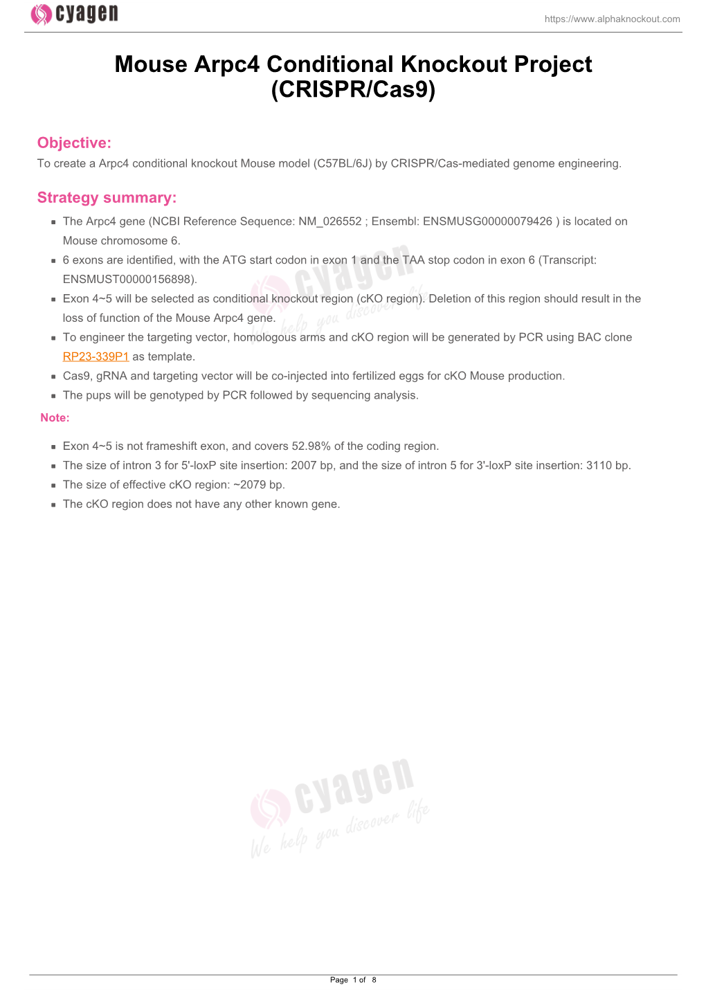 Mouse Arpc4 Conditional Knockout Project (CRISPR/Cas9)