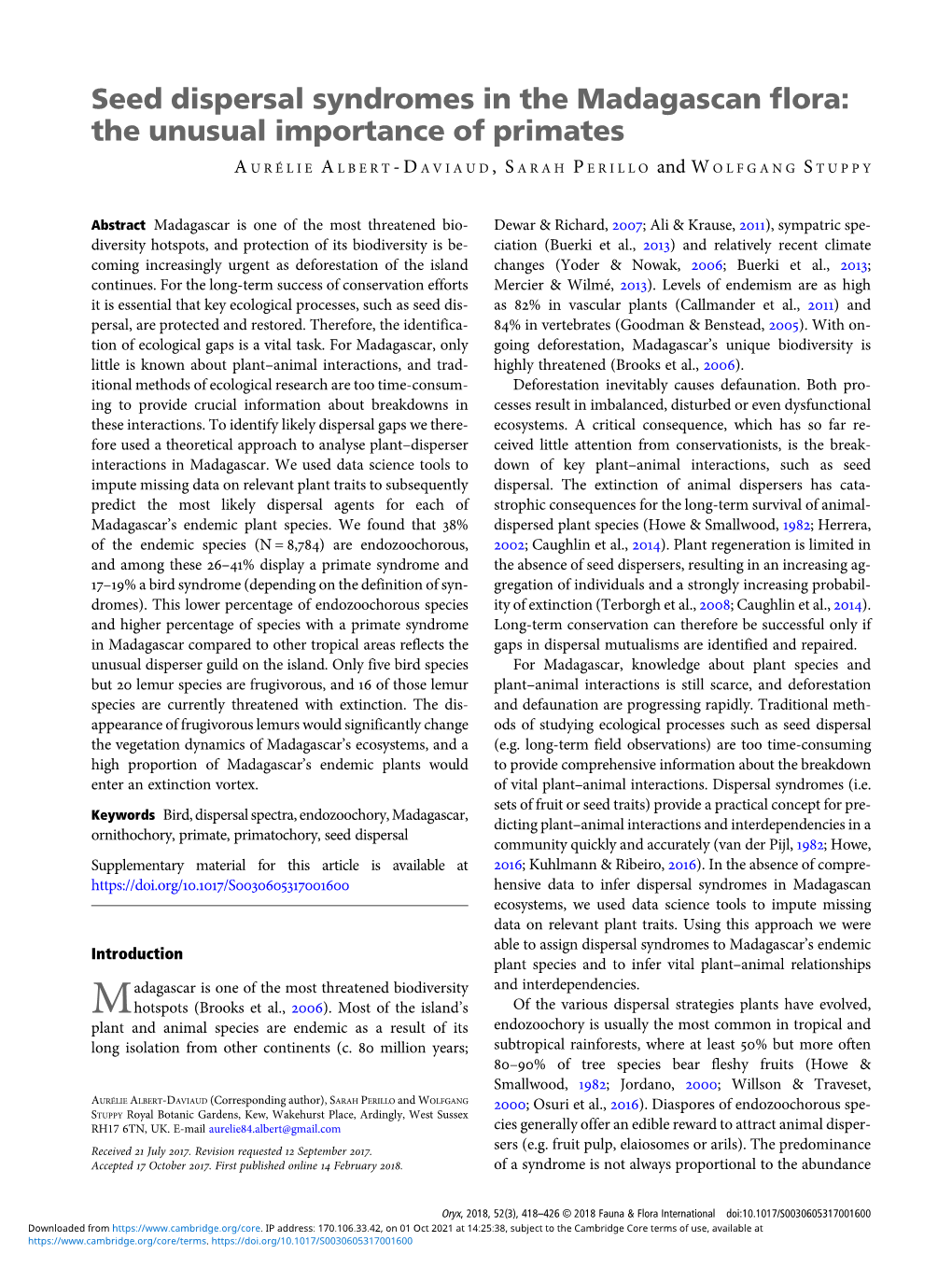 Seed Dispersal Syndromes in the Madagascan Flora: the Unusual Importance of Primates