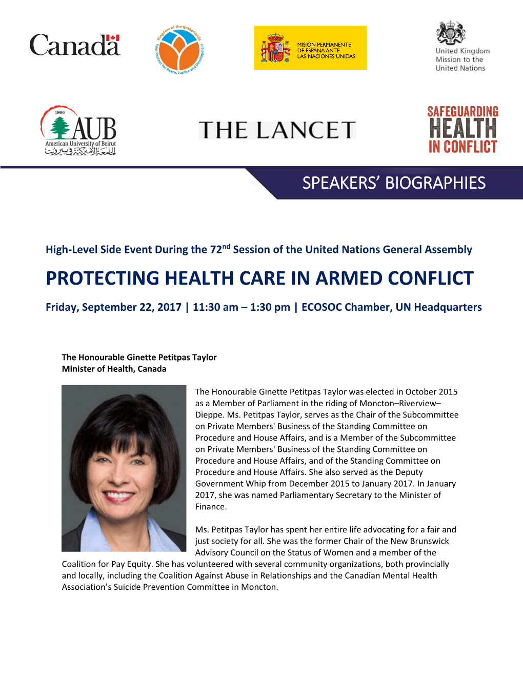 PROTECTING HEALTH CARE in ARMED CONFLICT Friday, September 22, 2017 | 11:30 Am – 1:30 Pm | ECOSOC Chamber, UN Headquarters