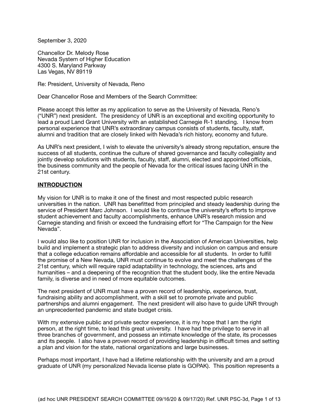 Ref. UNR PSC-3D, Page 1 of 13 “Dream Job” for Me, That Would Be the Apex in My Public and Private Career, Which I Am Pleased to Share with You Below