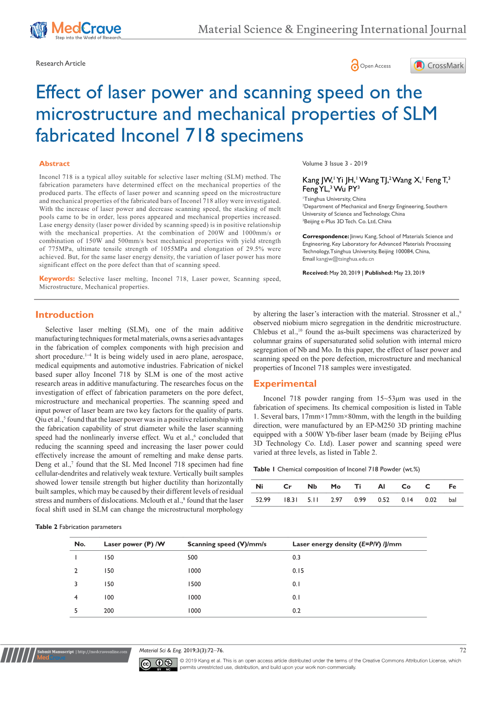 Effect of Laser Power and Scanning Speed on the Microstructure and Mechanical Properties of SLM Fabricated Inconel 718 Specimens