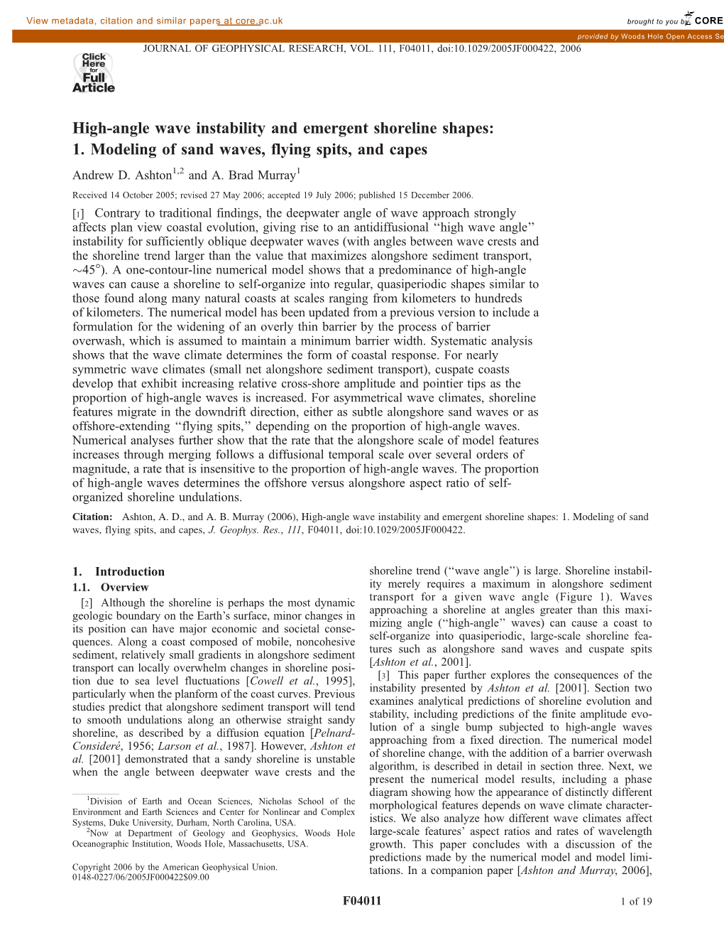 High-Angle Wave Instability and Emergent Shoreline Shapes: 1