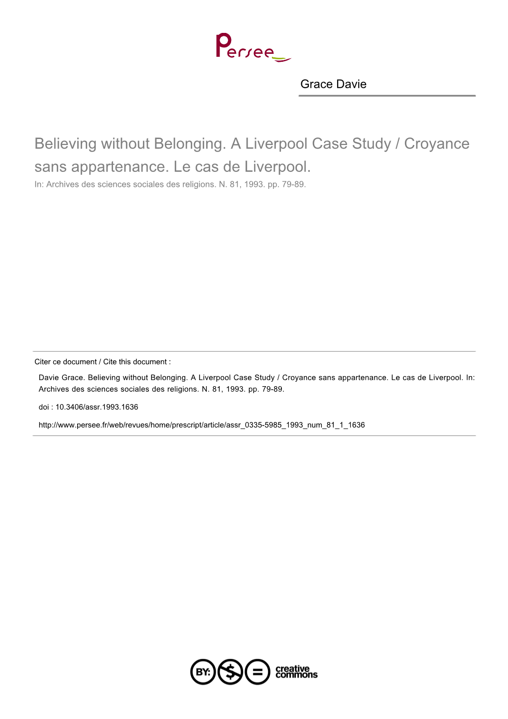 Believing Without Belonging. a Liverpool Case Study / Croyance Sans Appartenance