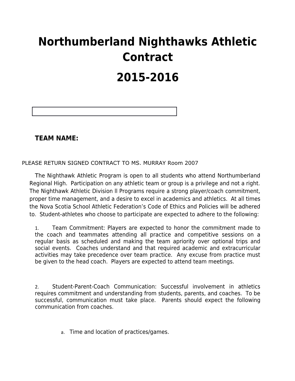Northumberland Nighthawks Athletic Contract