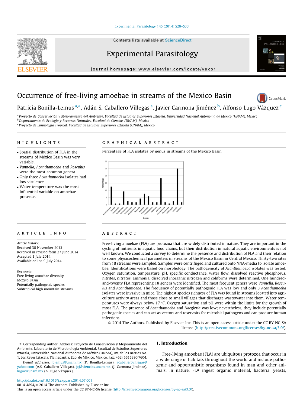 Occurrence of Free-Living Amoebae in Streams of the Mexico Basin ⇑ Patricia Bonilla-Lemus A, , Adán S