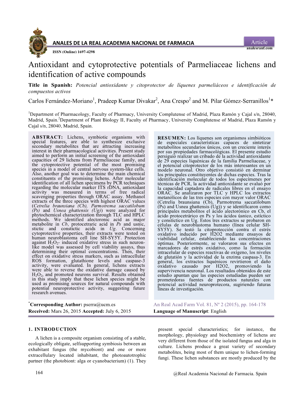 Antioxidant and Cytoprotective Potentials of Parmeliaceae Lichens