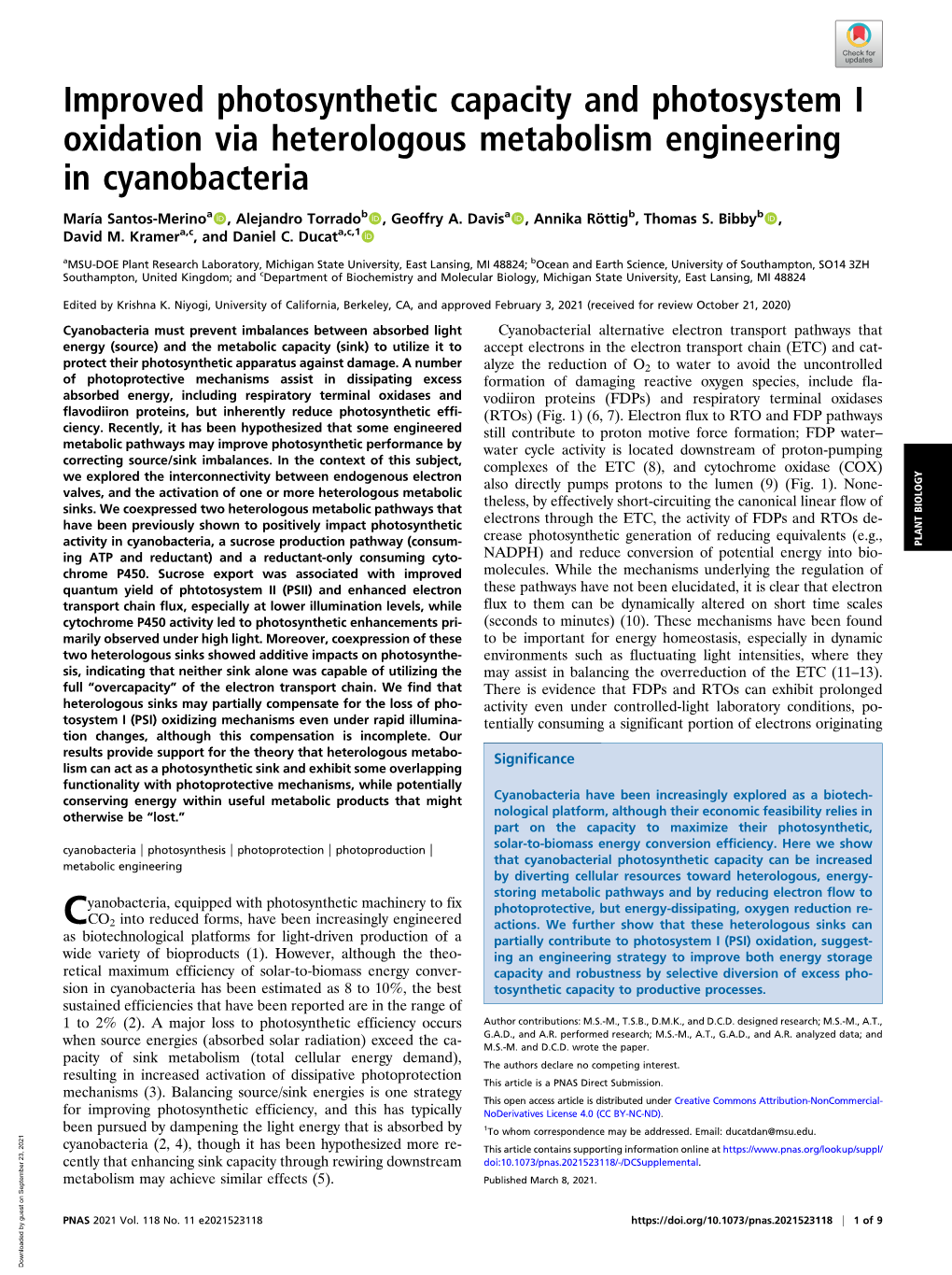 Improved Photosynthetic Capacity and Photosystem I Oxidation Via Heterologous Metabolism Engineering in Cyanobacteria