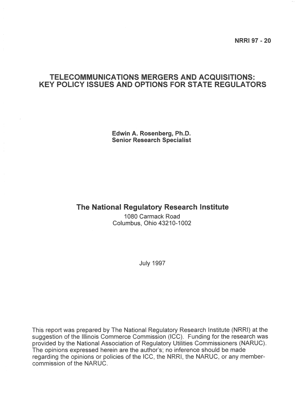 Telecommunications Mergers and Acquisitions: Key Policy Issues and Options for State Regulators