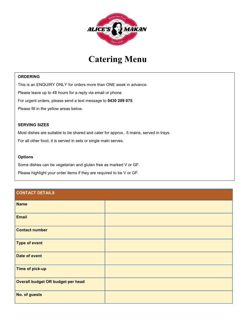 Catering Menu