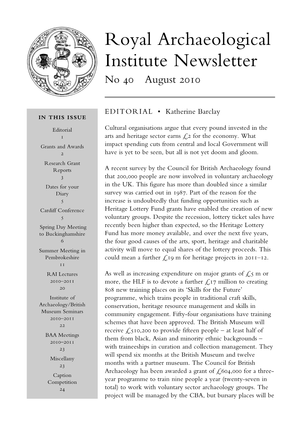 Royal Archaeological Institute Newsletter No  August 