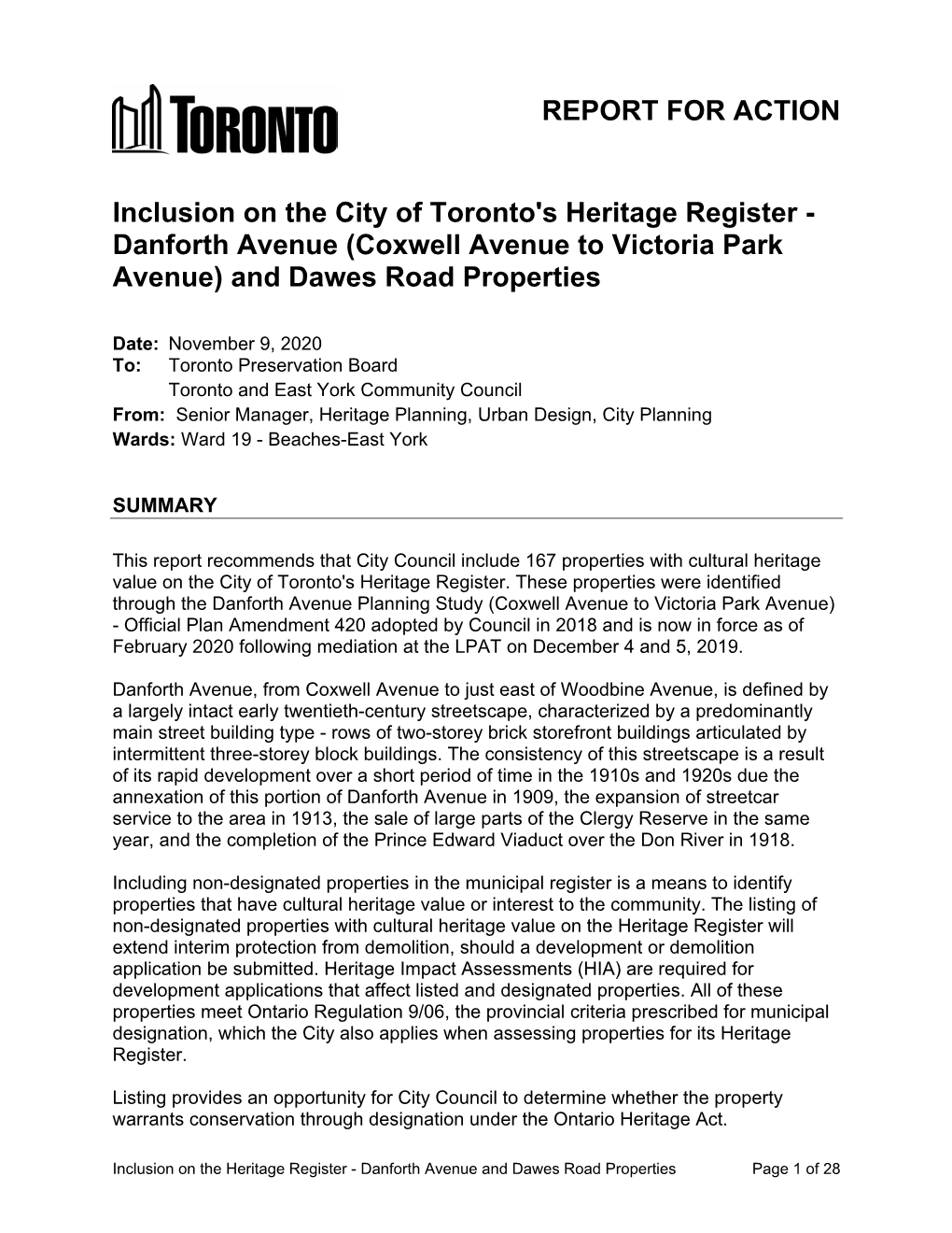 Danforth Avenue (Coxwell Avenue to Victoria Park Avenue) and Dawes Road Properties