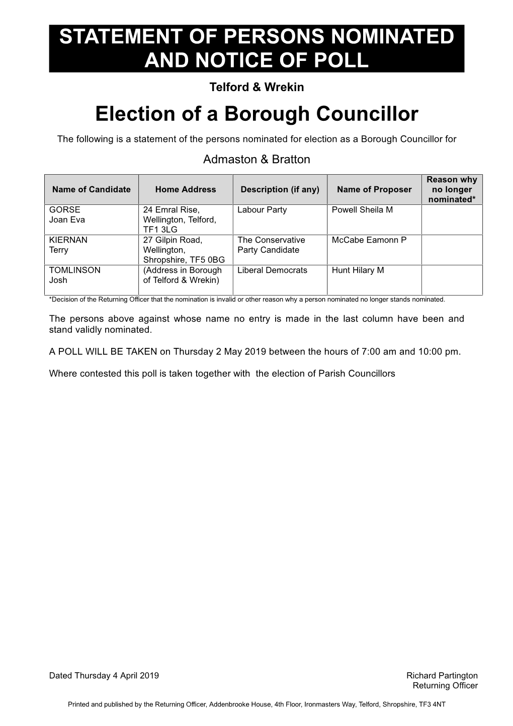 STATEMENT of PERSONS NOMINATED and NOTICE of POLL Telford & Wrekin Election of a Borough Councillor