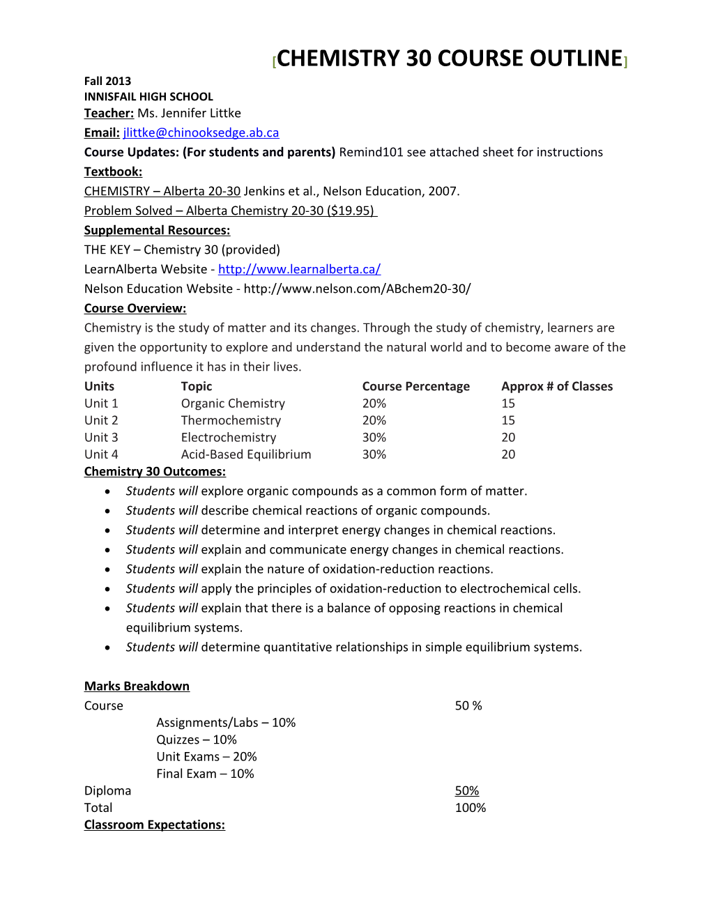 Chemistry 30 Course Outline