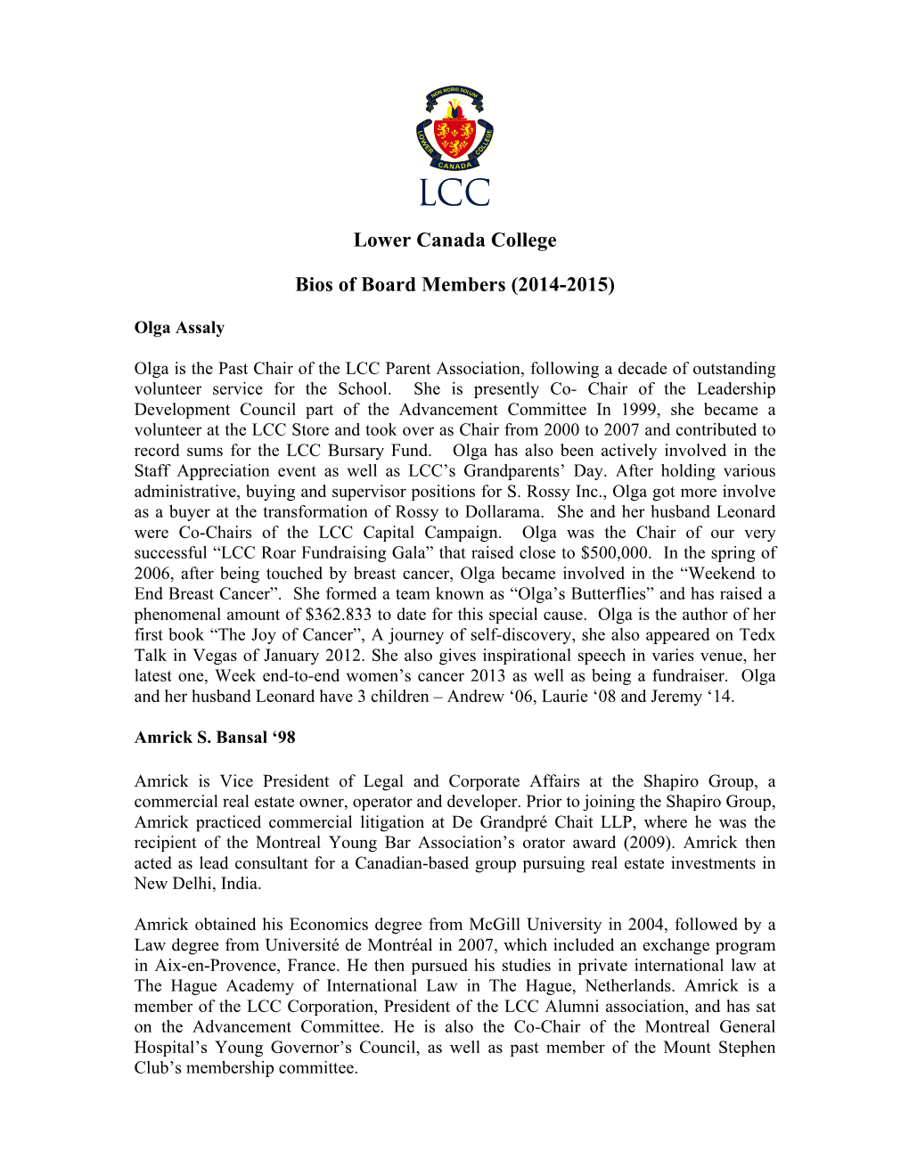 Lower Canada College Bios of Board Members (2014-2015)