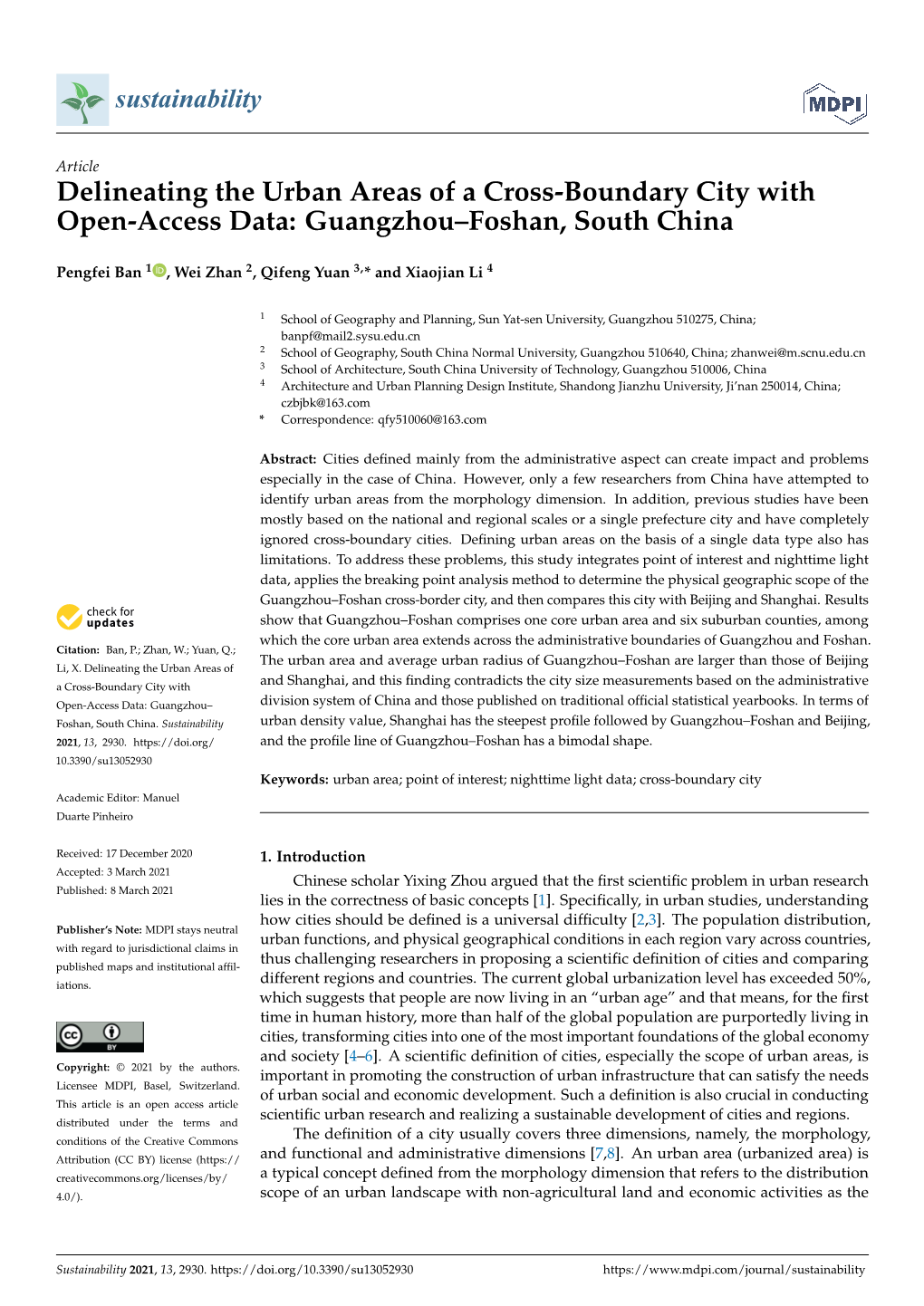 Delineating the Urban Areas of a Cross-Boundary City with Open-Access Data: Guangzhou–Foshan, South China