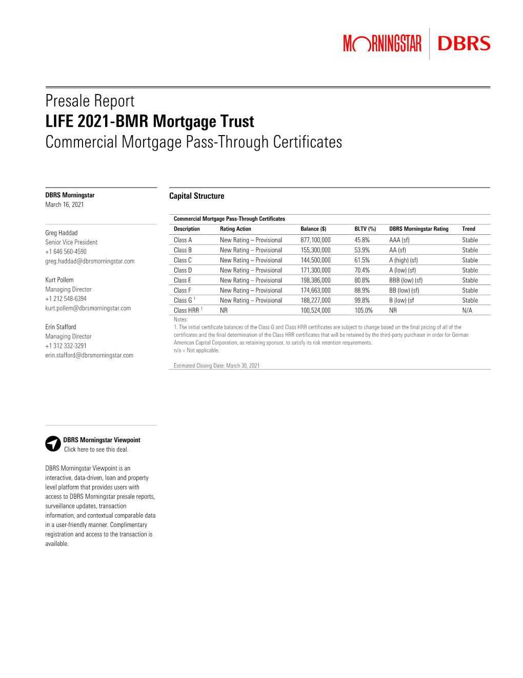 Presale Report LIFE 2021-BMR Mortgage Trust Commercial Mortgage Pass-Through Certificates