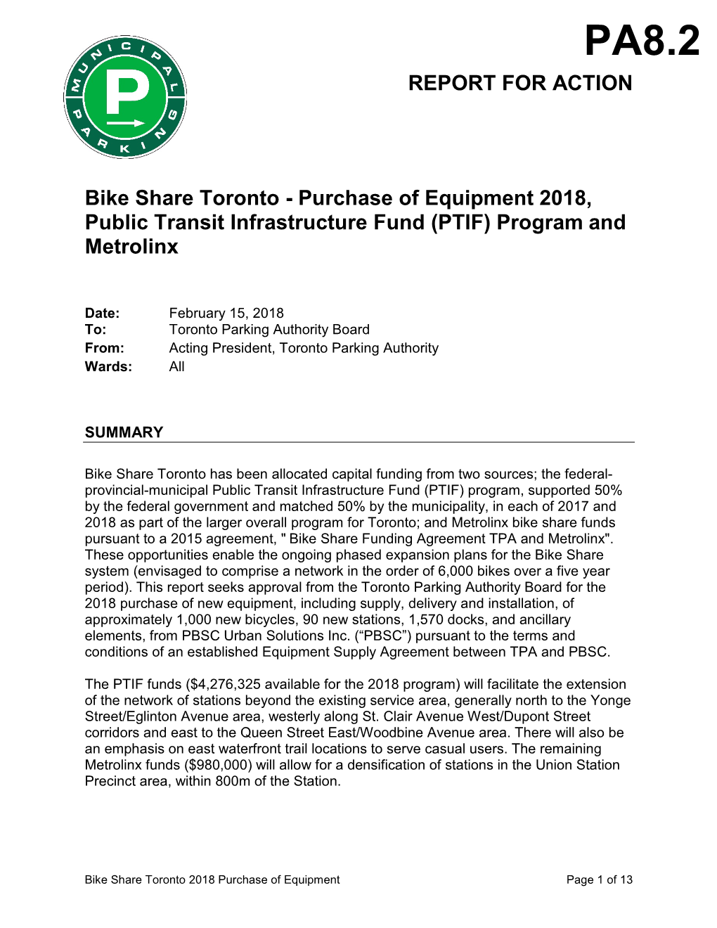 Purchase of Equipment 2018, Public Transit Infrastructure Fund (PTIF) Program and Metrolinx