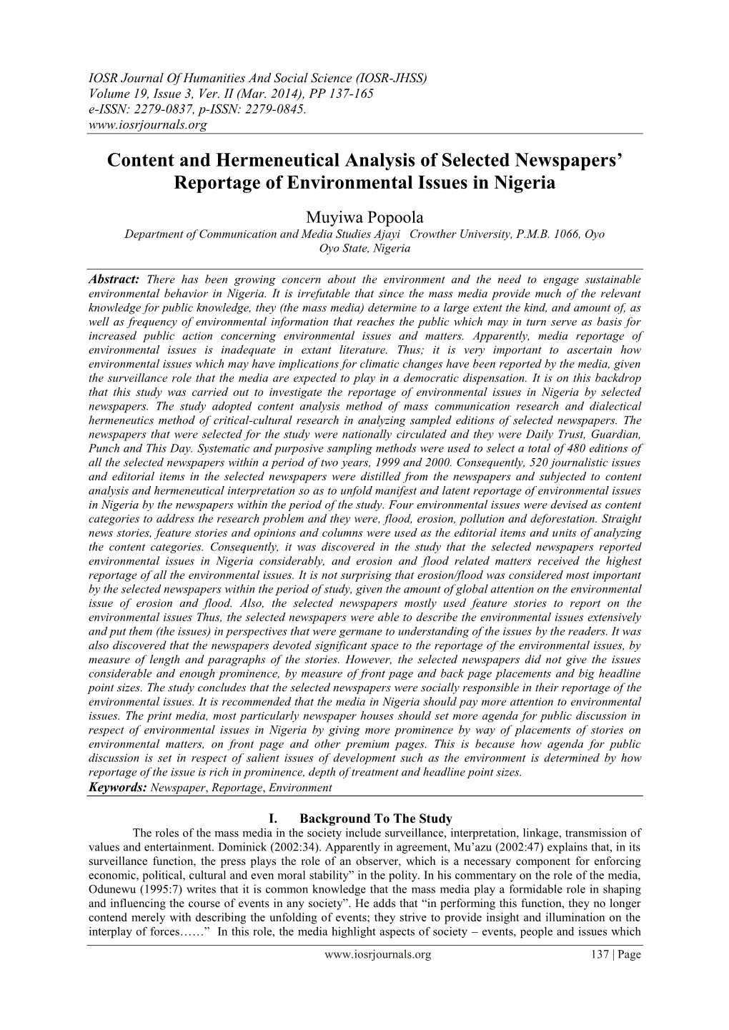 Content and Hermeneutical Analysis of Selected Newspapers' Reportage of Environmental Issues in Nigeria