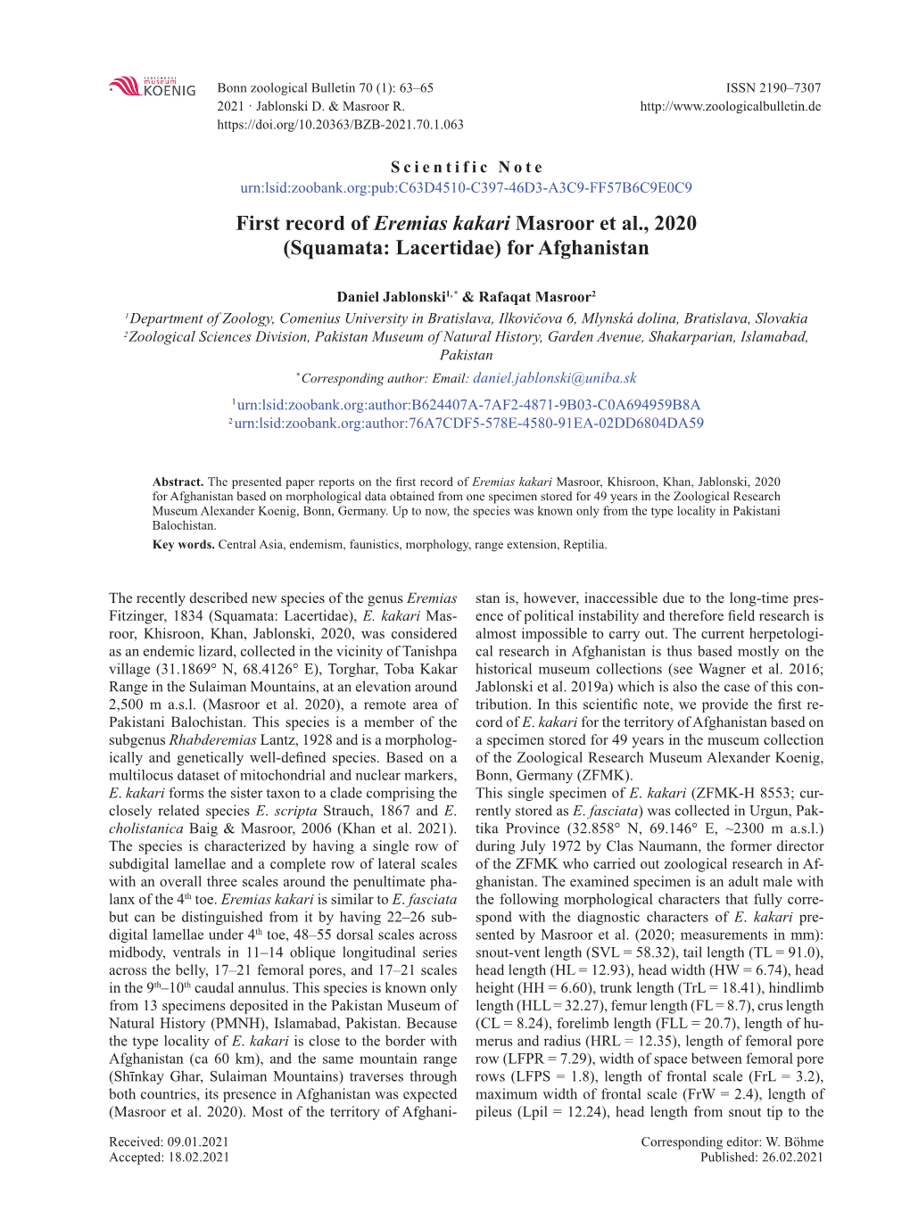 First Record of Eremias Kakari Masroor Et Al., 2020 (Squamata: Lacertidae) for Afghanistan