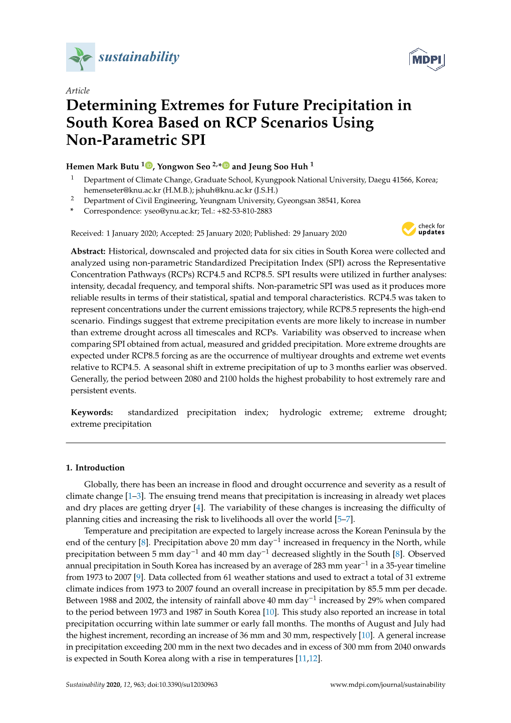 Determining Extremes for Future Precipitation in South Korea Based on RCP Scenarios Using Non-Parametric SPI